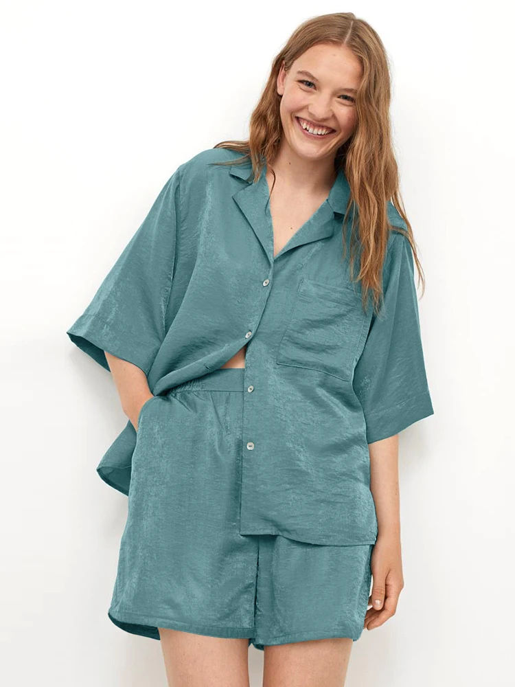 

Комплект пижамный Linad женский из 2 предметов, Свободный Повседневный комплект с шортами, Однотонная ночная рубашка, домашняя одежда, зеленый...