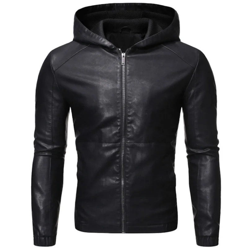 

Men's Spring and Autumn New Zipper Pu Faux Leather Jacket Solid Color Casual Slim Long Sleeve Hooded Coat
