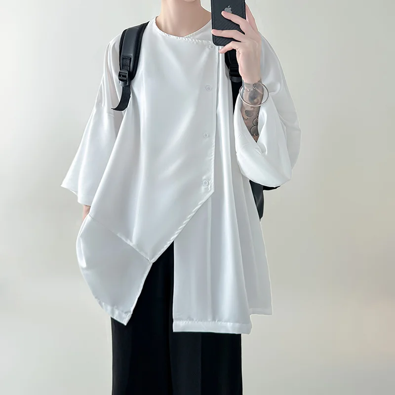 

Summer Short Sleeve Shirt Men Fashion Oversized Black White Shirt Men Korean Loose O-Neck Shirts Mens Ice Silk Shirt S-3XL