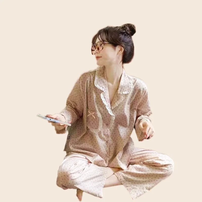 Women's Pajamas Set Sexy Lace Bow Flower Print Sweet Princess Spring Pyjama Loose Size Mom Homewear Cozy Sleepwear