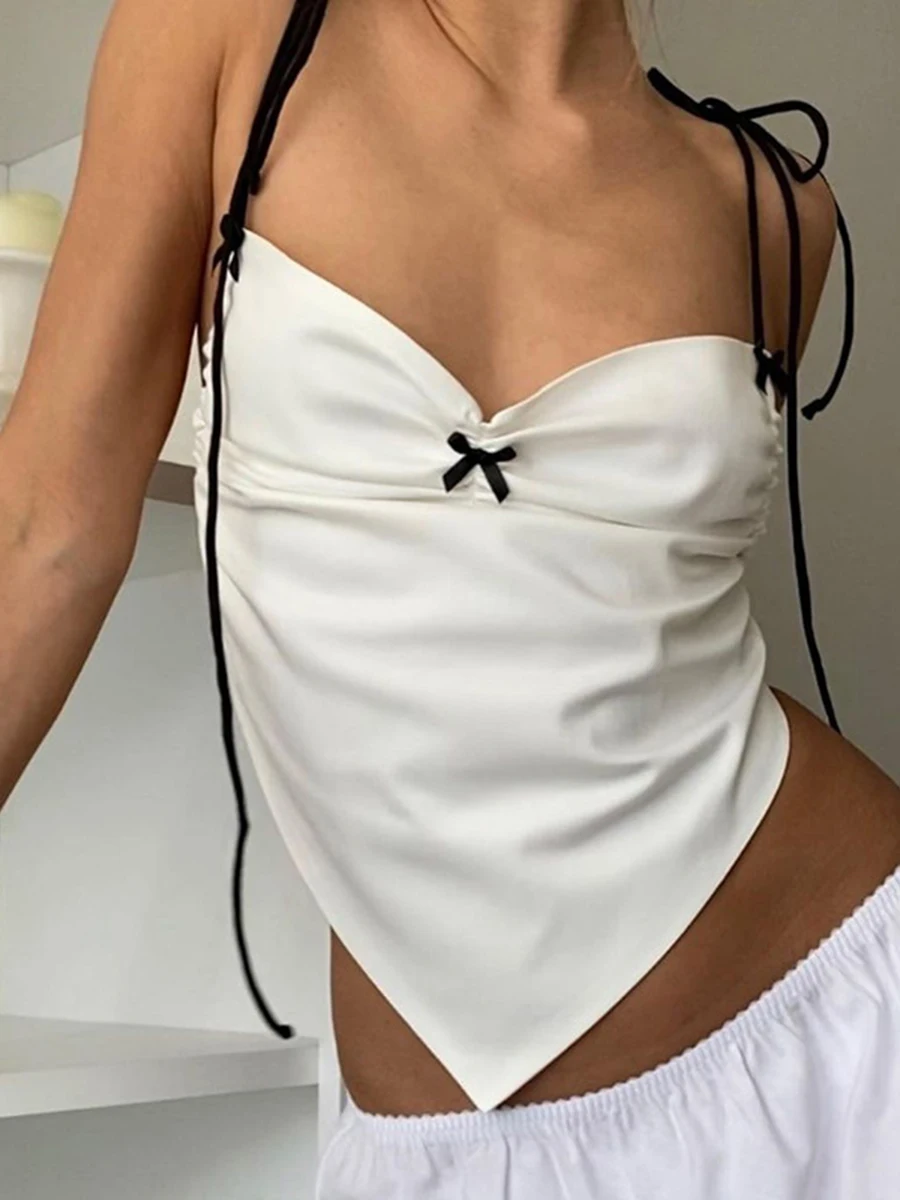 

Женский винтажный однотонный топ со складками и бантом Y2k, летний пикантный обтягивающий жилет с открытой спиной и асимметричным подолом, м...