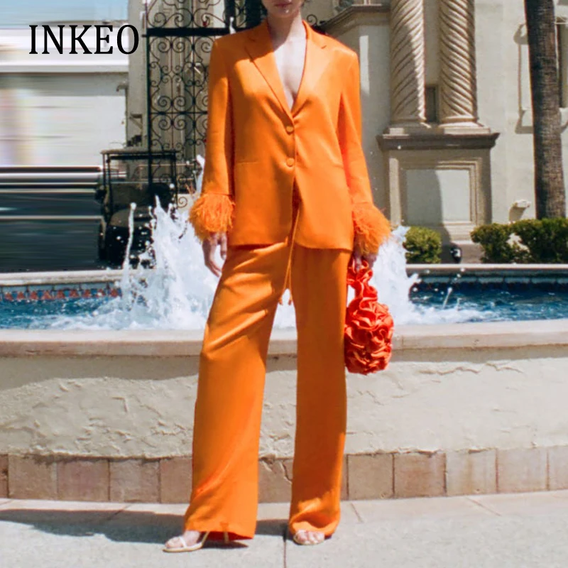 

Женский комплект из 2 предметов, блейзер и брюки с перьями, оранжевый осенний мягкий атласный элегантный костюм из двух предметов с широкими...
