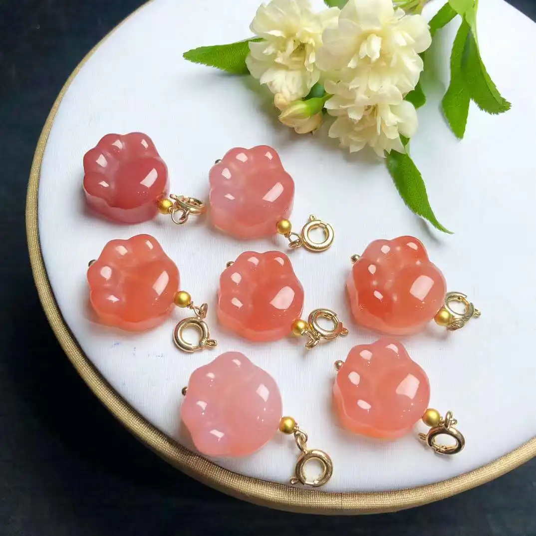 Натуральный агат розовый красный с принтом кошачьей лапы 16 мм мини-кулон