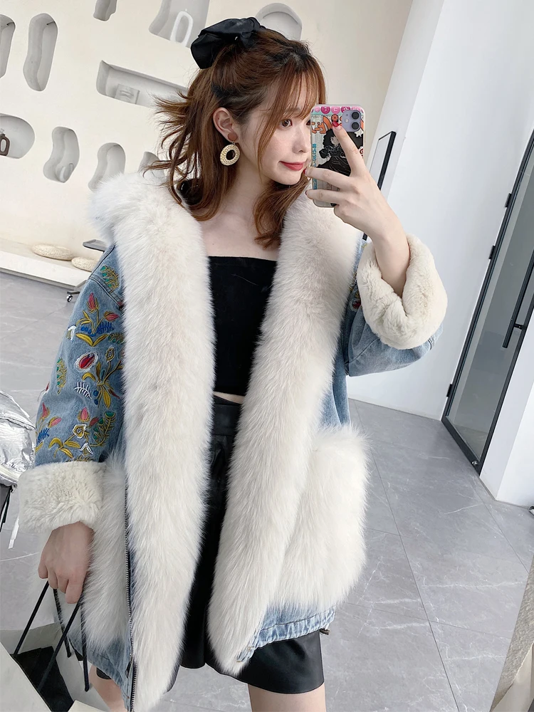 Down Parka Women Winter Jacket with Real Fur Embroidery Denim New Fashion Genuine Rabbit Fur Coat Women Plus Size Fox Fur Jacket