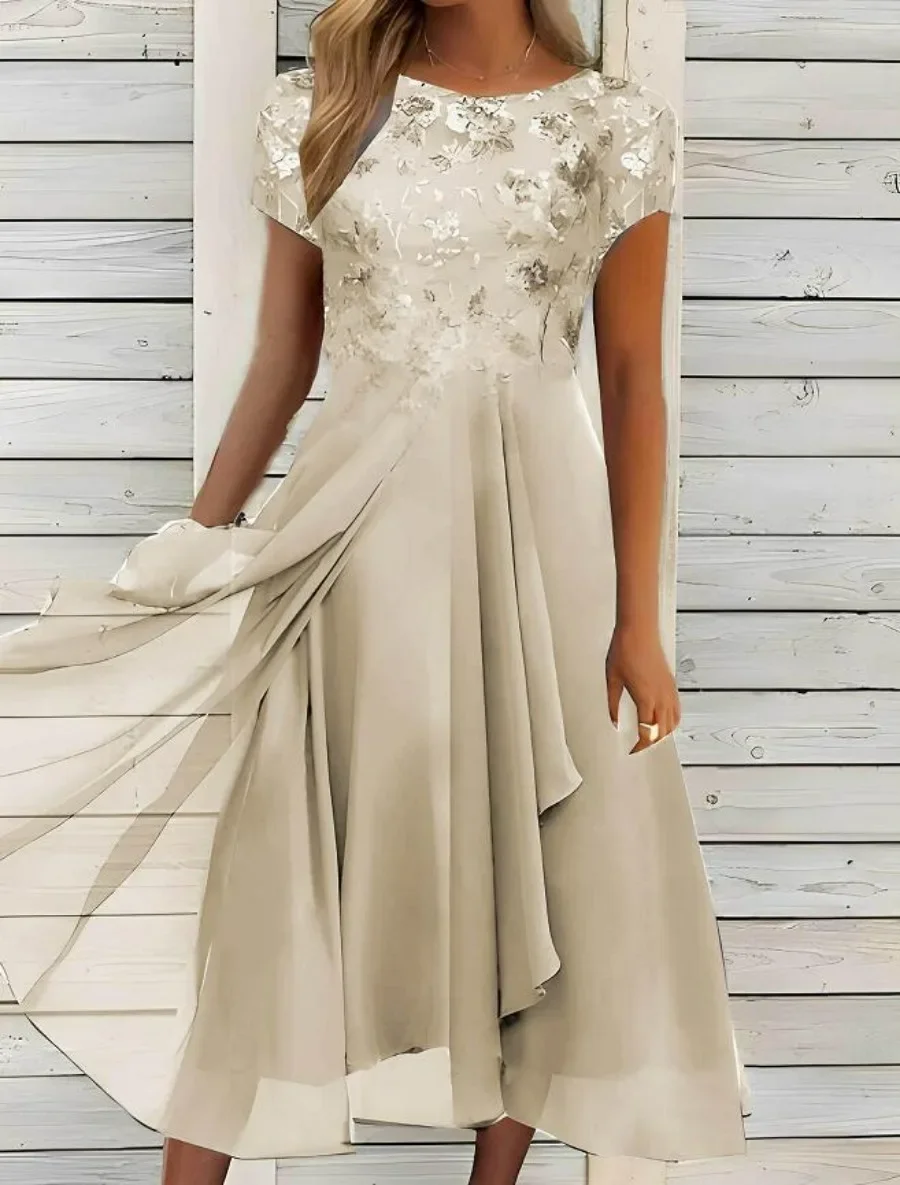 

Plus Size Jewel Neck Knee Length Chiffon Lace Long Party Dress New 2024 Women's Lace Dress for Party Elegant Bride Wedding Dress