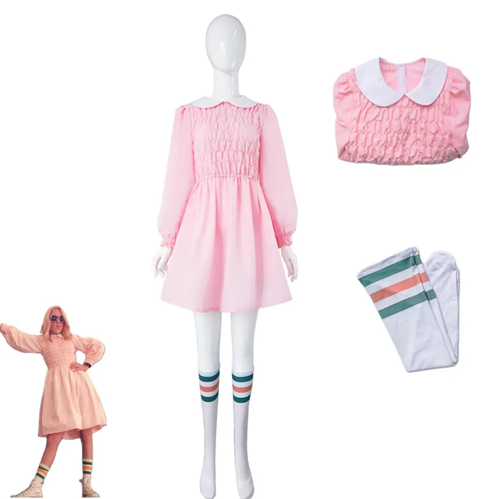 Anime Stranger Things Small Eleven Cosplay Costumes Doll Neck Dress Stockings Kawaii Beautiful Girl Child