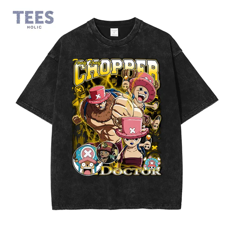 

Футболка Tony Chopper, винтажная Слитная футболка из аниме с эффектом потертости, уличная одежда, летние повседневные топы с коротким рукавом для манги, хлопковые футболки