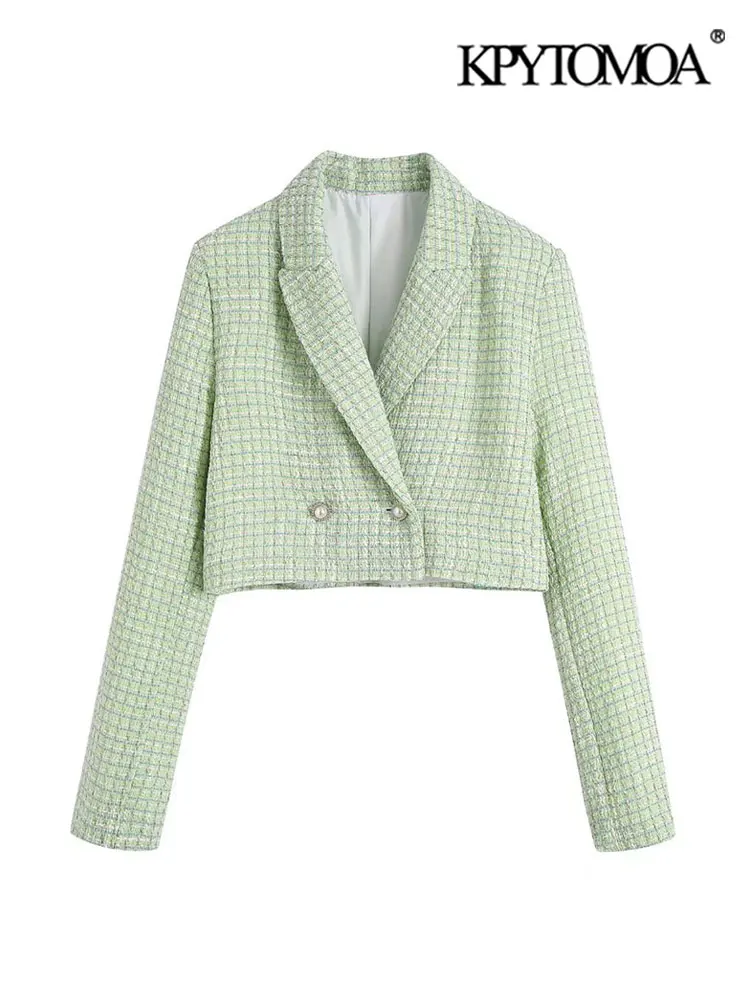 

KPYTOMOA Women Fashion Tweed Cropped Blazer Coat Vintage Long Sleeve Front Bejewelled Buttons Female Outerwear Chic Veste Femme