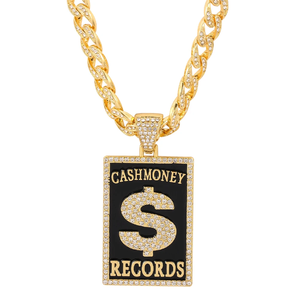Goth Dollar Sign Cash Money Records Iced Out Pendant Necklace Cuban Chain Hip Hop Jewlery Street Rapper Boyfriend Gift