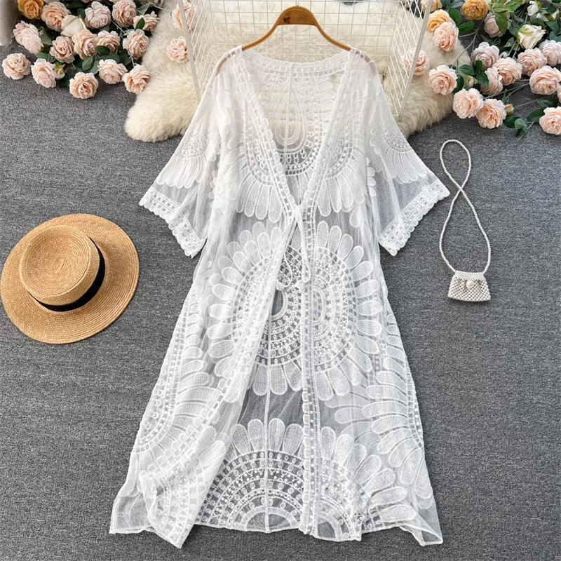 

Summer New Lace Hook Flower Embroidery Mid-length Cardigan Jacket Women Lace-up V-neck Half-sleeve Sunscreen Jackets Female Coat