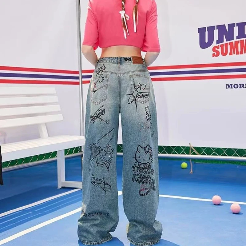 

Kawaii Sanrio Pants Hello Kittys Anime Summer New Retro Print Personality Straight Pants Cartoon Cute Ladies Casual Loose Jeans