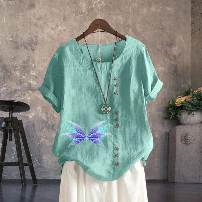 

New Summer Ladies Colorful Butterfly Wings Print Loose T-Shirt Casual Linen Round Neck Solid Plus Size Short Sleeve Top XS-5XL