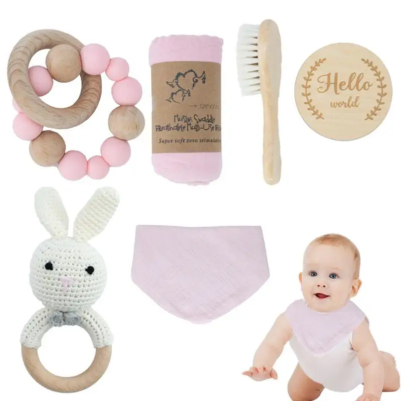 

Newborn Mom Gift Basket 6pcs Bath Towel Shower Kit With Brush Newborn Mom Gift Box Bathing Playing & Teething Educational Toys