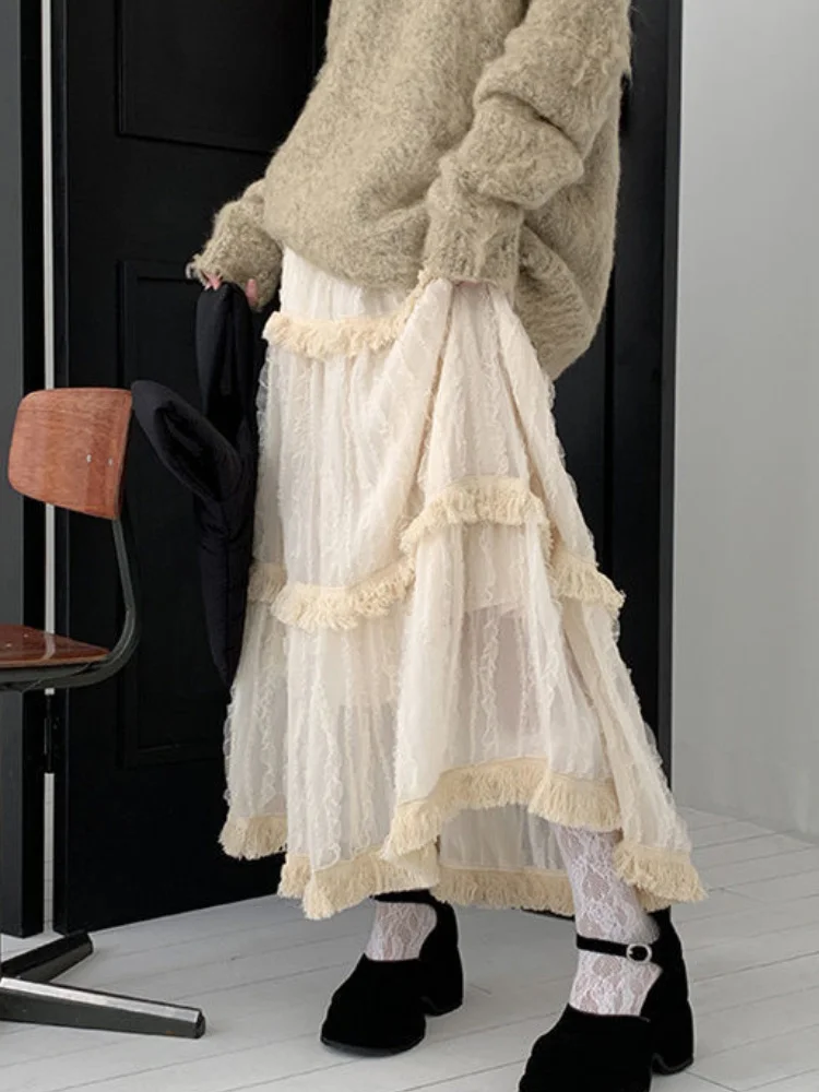 

2023 HOUZHOU Korean Lace Long Skirt Women Vintage Cute High Waist Loose Fairycore Tassel Patchwork A-Line Midi Skirt Mori Girl A