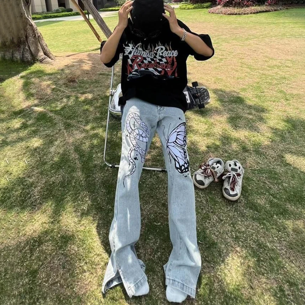 Men Street Hiphop Y2K Embroidery Snake Butterfly  Zipper Jeans Men Women Personality High Street Luxury
