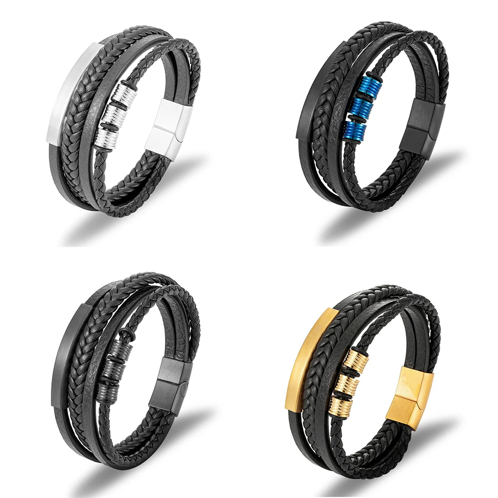 

Stainless Steel Black Multilayer Leather Bracelet Men's Vintage Men's Magnetic Buckle Braided Bracelet Jewelry 2022 Men Gift