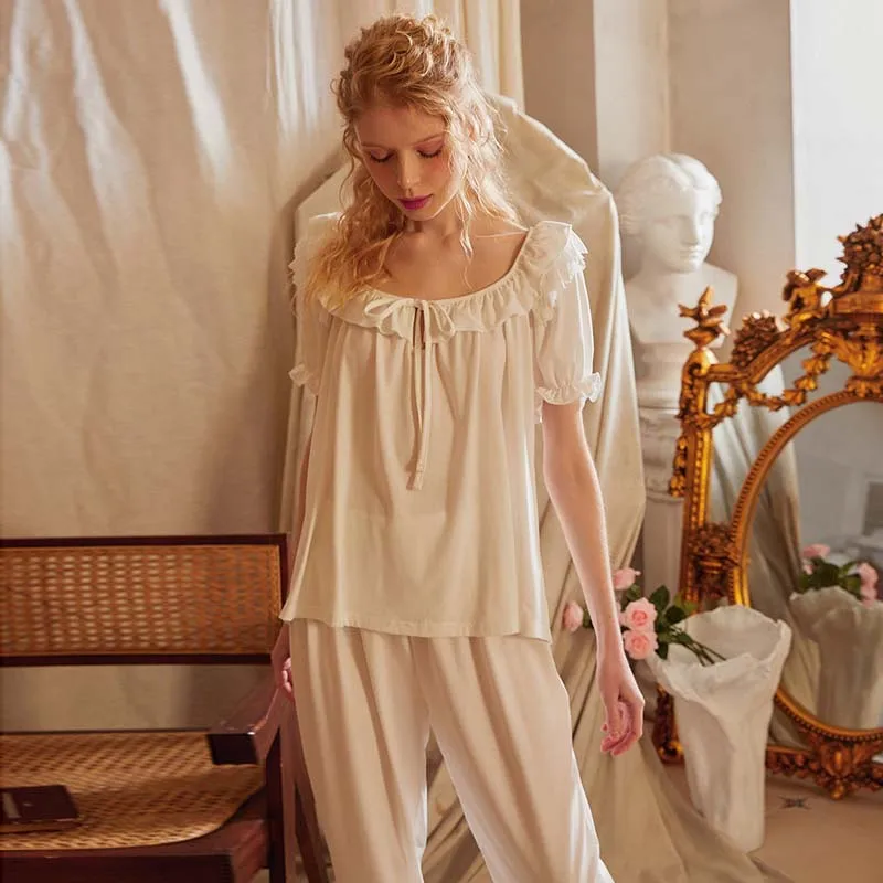 Roseheart Summer White Women Sleep Pajama Sets Sleepwear Suits Cotton Nightwear O Neck Plus Size 2 Piece Nightgown Pants