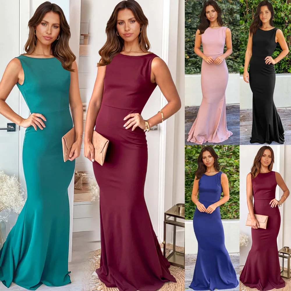 

Ladies Slim Dinner Fishtail Skirt 2022 New Solid Color Elegant Sleeveless Mopping Large Size Dress Black Evening Dresses Long