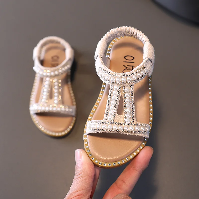 Girls Sandals Kids Summer Roman Shoes 2023 Elegant Pearl  Party Princess Shoe Flats Non-slip Casual Girl Beach Sandal