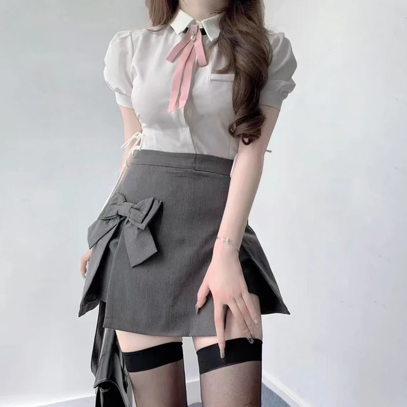 

Рубашка с пышными рукавами, Белый Топ, серое платье-футляр, юбка-брюки, женский летний осенний комплект, новинка 2023, нишевая блузка с короткими рукавами JK