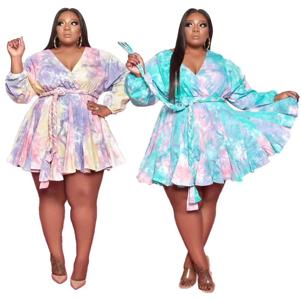 Plus Size Fashion Mini Dress Print v Neck Sexy Long Sleeve Woven Tie Dye Belt Swing Women Dresses Who 3xl 4 xl 5xl 6xl