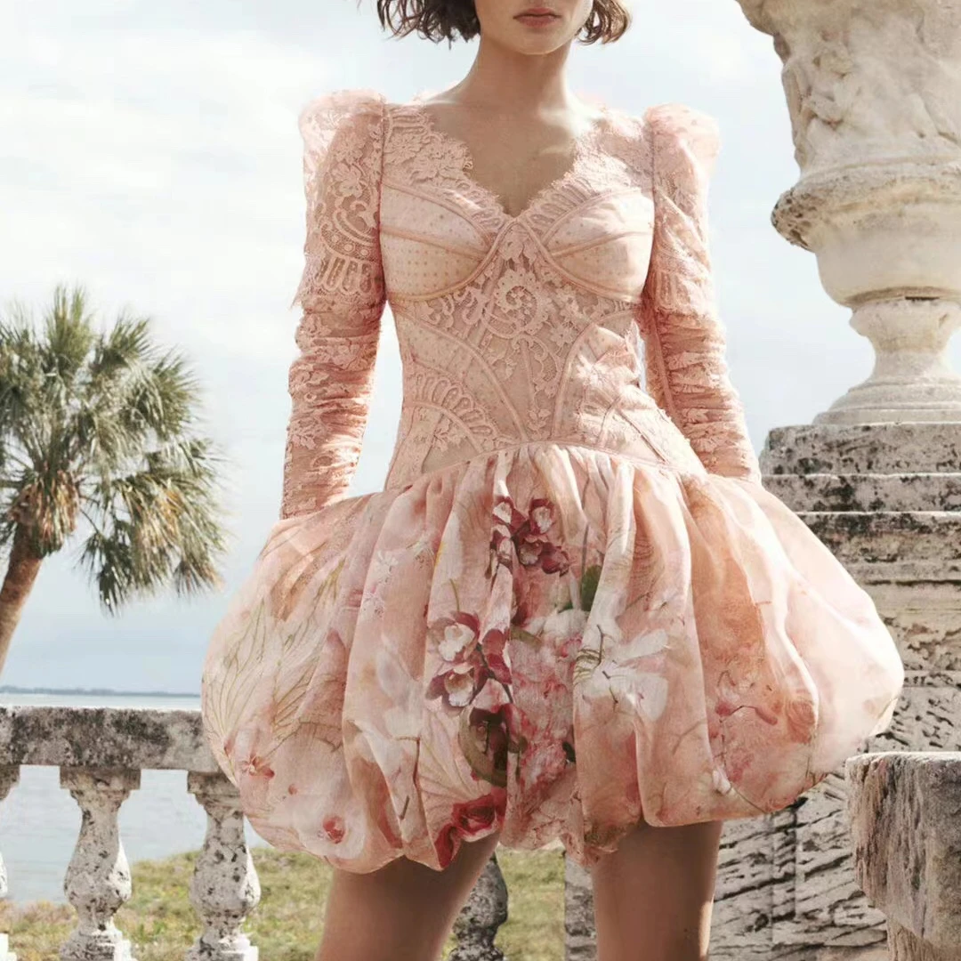 

New 2022 Summer Top Quality Linen Silk Floral Print Gradient Black Lace Patchwork Corset Pleat Sleeve Bud Mini Dress Lady