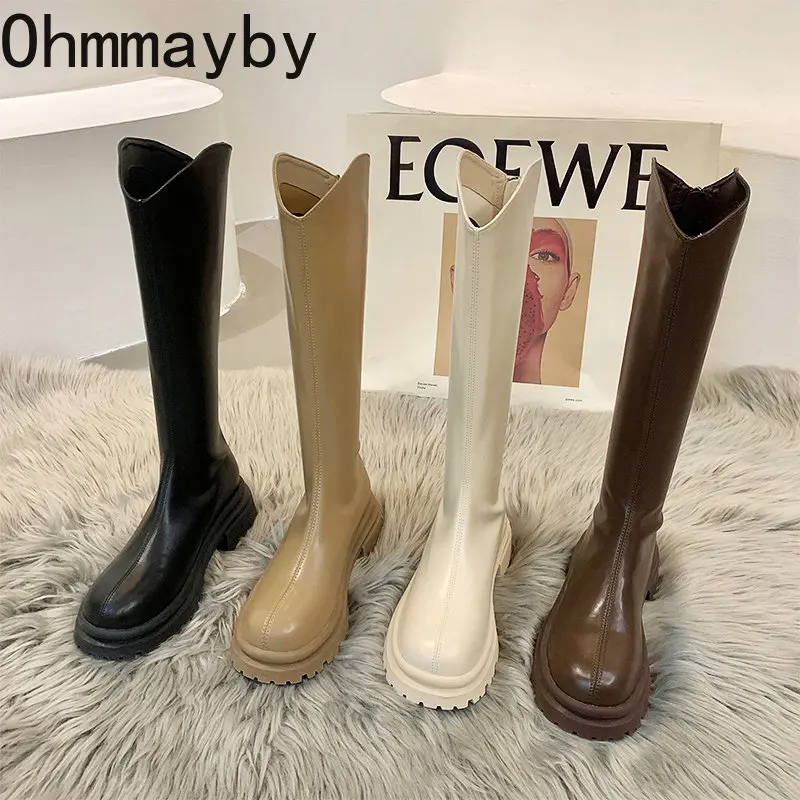 

Winter Chunky Women Thigh High Boots Fashion Leather Knee-High Boots Thick Sole Flats Heel Ladies Elegant Long Knight Shoes