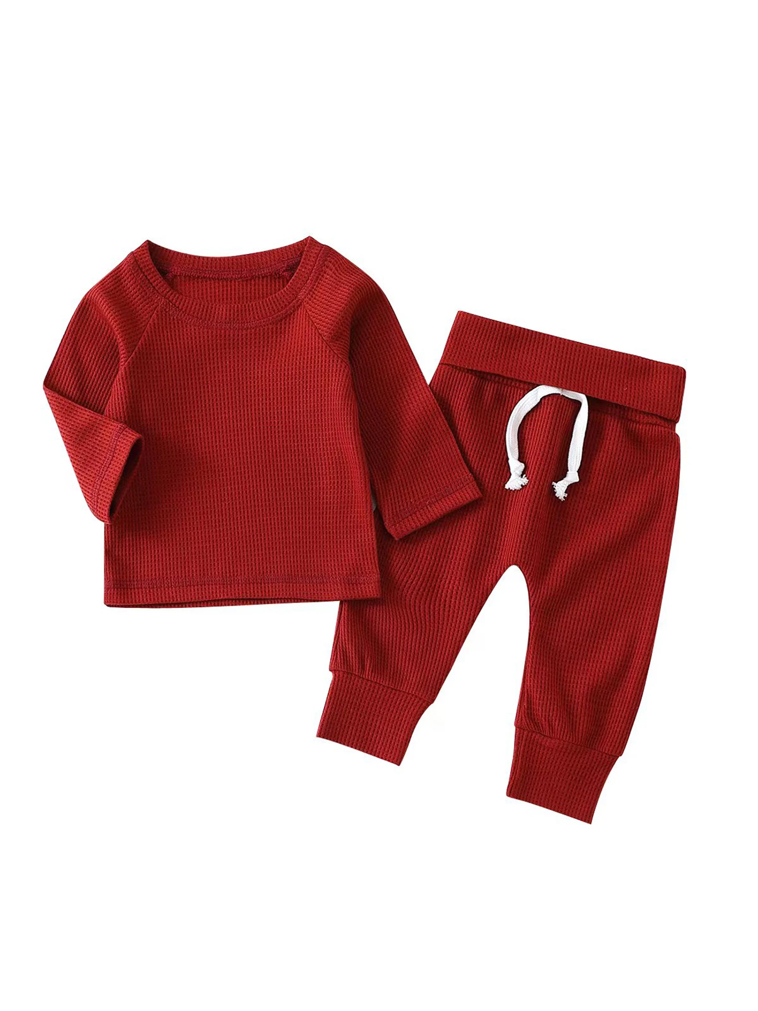 

2PCS Infant Babys Autumn Loungewear Solid Waffle Plaid Long Sleeve T-shirt Top Drawsring Waist Long Pant Set