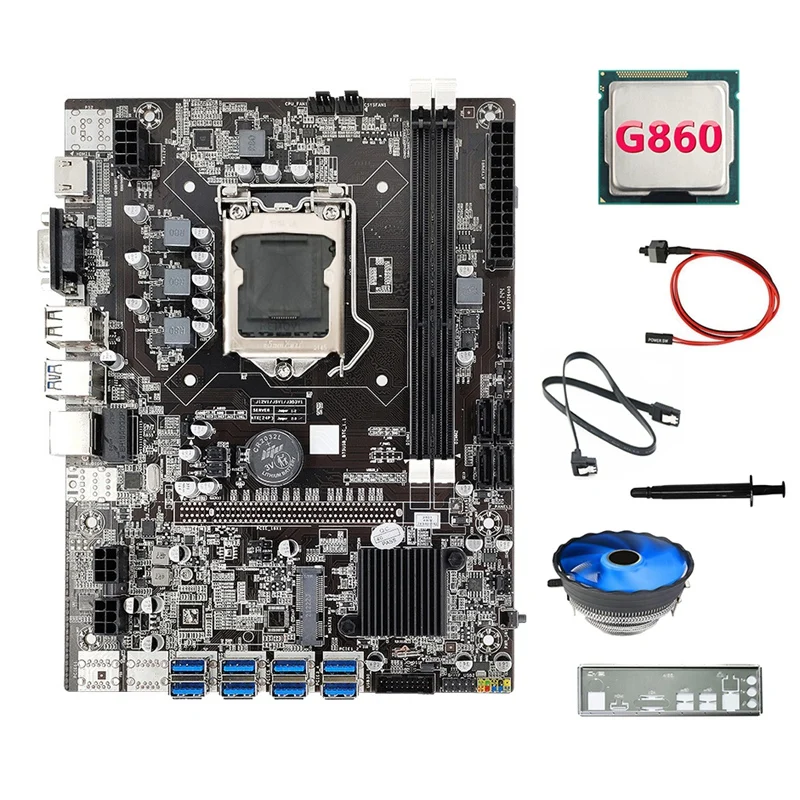 B75 8USB ETH Mining Motherboard+G860 CPU+Fan+Switch Cable+SATA Cable+Baffle+Thermal Grease B75 BTC Miner Motherboard