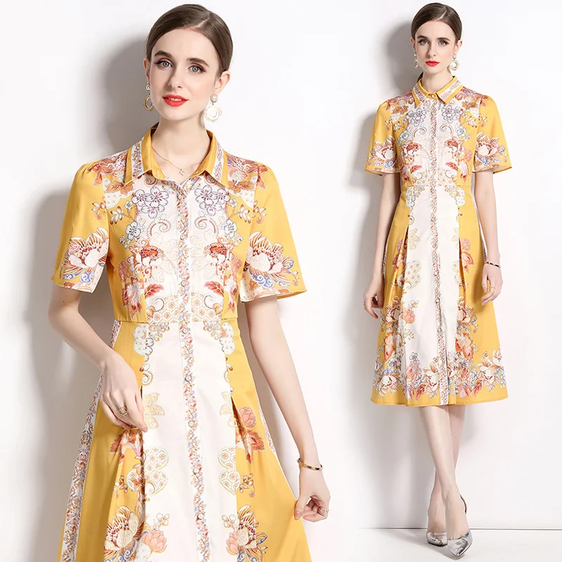 

Summer Floral Yellow Midi Shirt Dress Short Sleeve 2023 Women Designer Vacation Lapel Slim A-Line Casual Party Dresses Ballgown