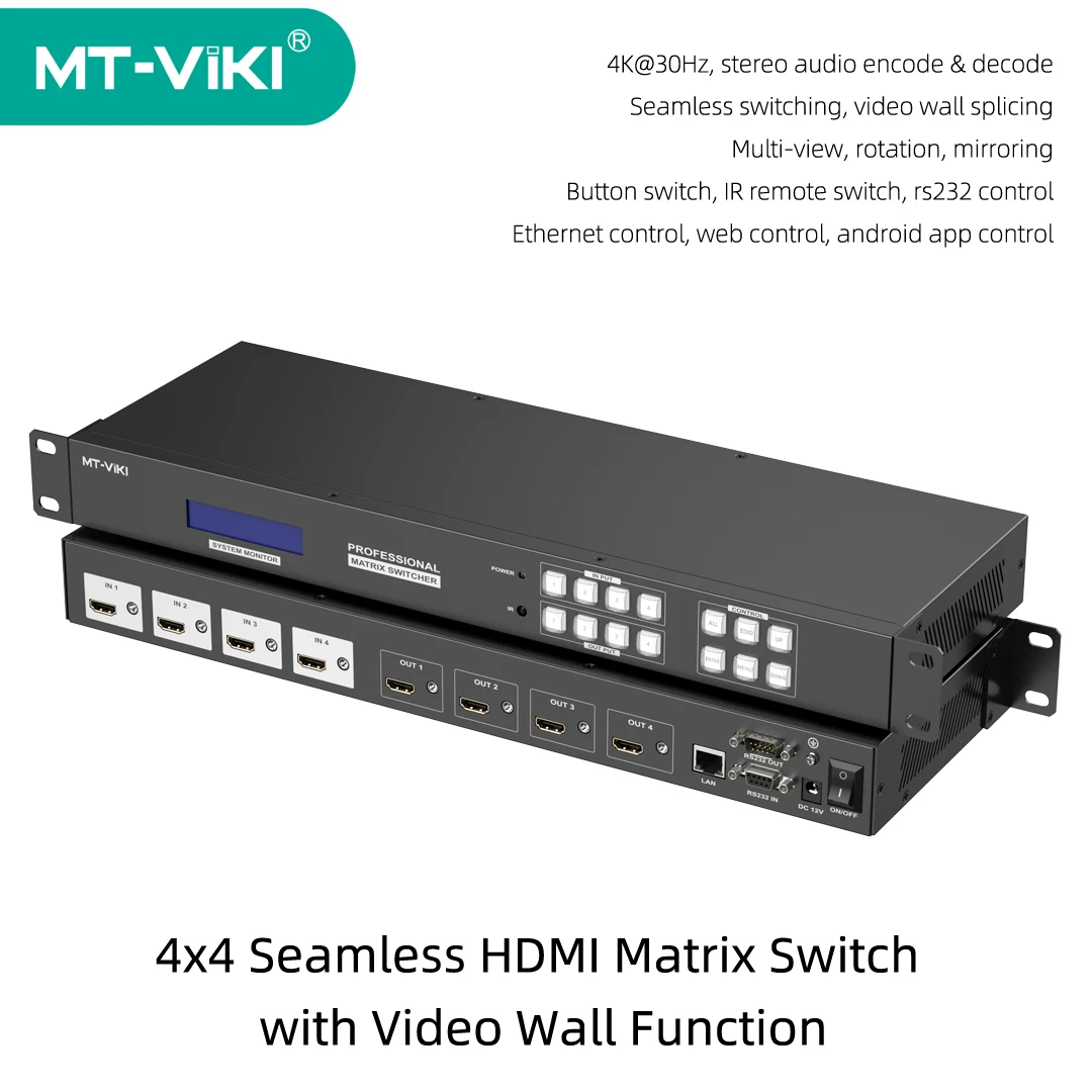Фото MT-VIKI 4x4 Бесшовный матричный коммутатор HDMI с процессором видеостены 4K Видео-аудиопереключатель MT-HD44LH №1