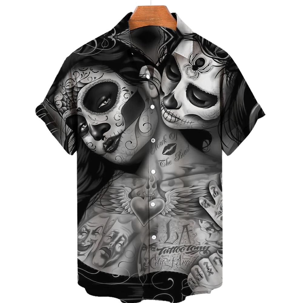 

Гавайская рубашка 022 мужская с коротким рукавом, модная свободная сорочка с 3D-принтом черепа, страшная темнота, дизайнерская блуза, лето