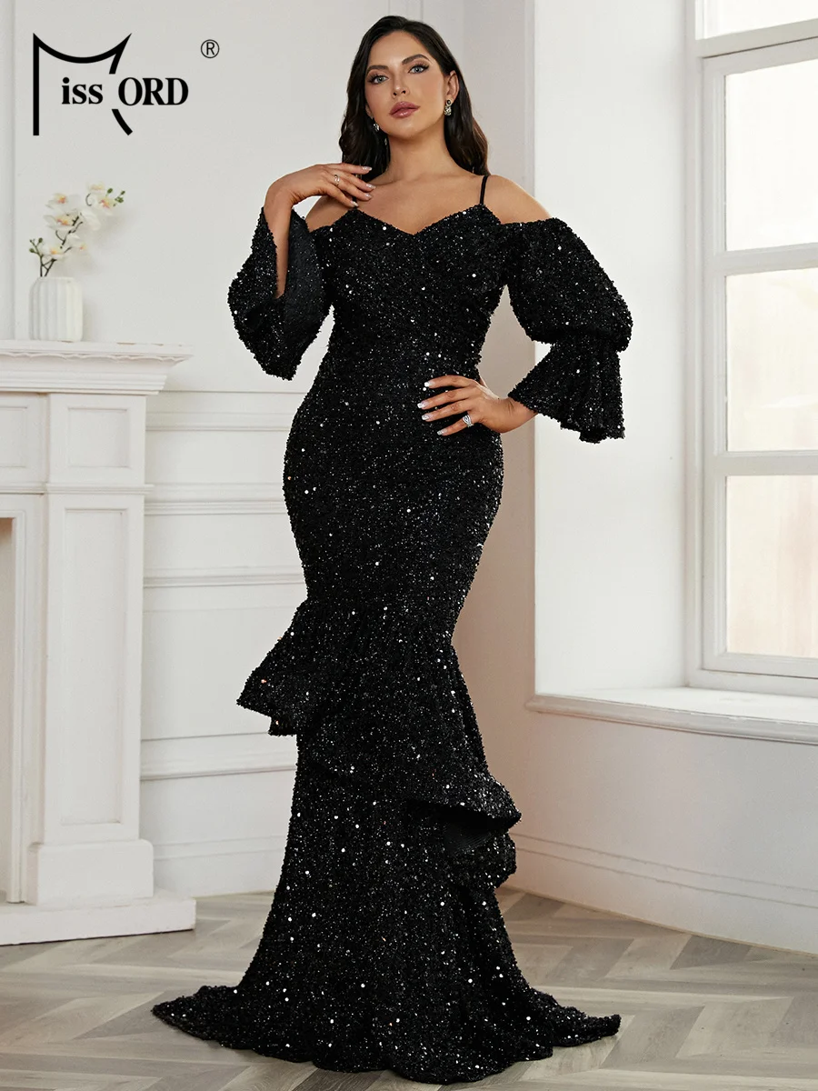 

Missord Cold-shoulder Bell Sleeve Sequin Ruffles Mermaid Black Banquet Evening Dress
