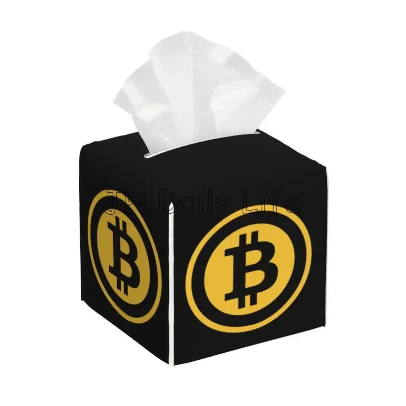 Фото Квадратный чехол для коробки для салфеток с логотипом Bitcoin, кожаный держатель для салфеток, декоративный для спальни, ванной комнаты, прикроватной тумбочки, домашнего офиса, автомобиля №1