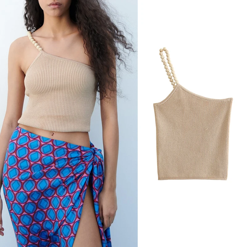 

2022 Summer Women Fashion Knit Beaded Camisole Versatile Sleeveless Asymmetric Collar Female Short Chic Top DA2346