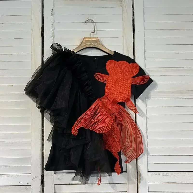 Дизайнерский трехмерный сетчатый топ с вышивкой высококачественный 2024 женская