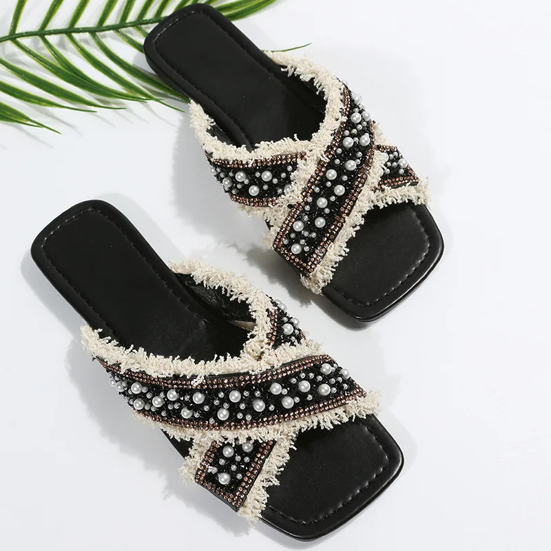 

Summer Sandals For Women Korean Style Casual Simulation Pearl Open Toe Square Head Slippers Beach Shoes Sandalias Para Mujer