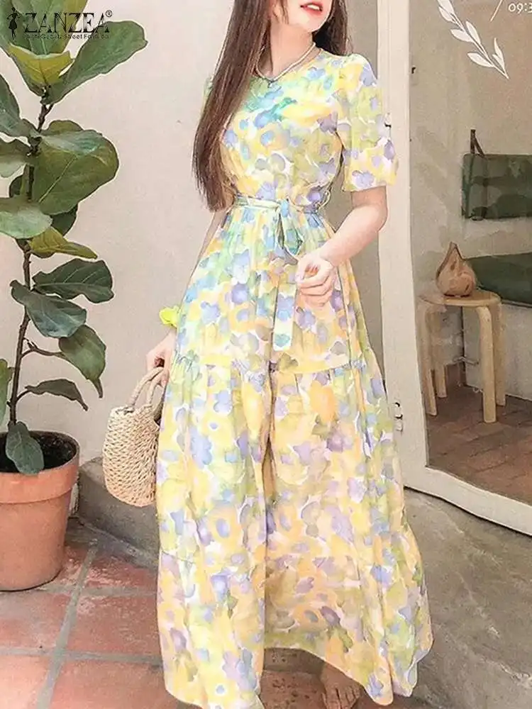 

ZANZEA Women 2023 Summer Dress Gathered Tiered Short Sleeve Maxi Dress O Neck Tie Waist Vestido Floral Print Holiday Casual Robe