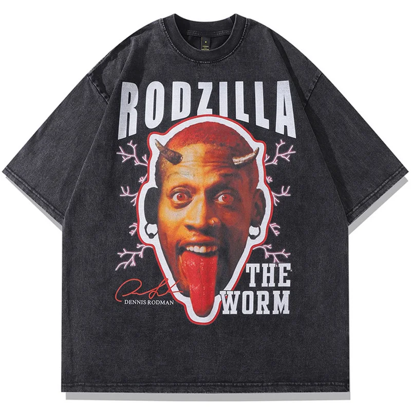 

Футболка мужская оверсайз в стиле Харадзюку, винтажная потертая рубашка с круглым вырезом, с принтом, цвет черный, летняя