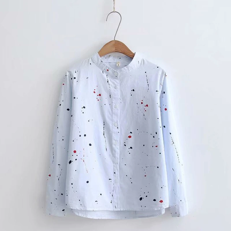 

Новинка 2022, женская одежда, простая тонкая Свободная блузка в Корейском стиле с принтом граффити, воротником-стойкой и длинными рукавами