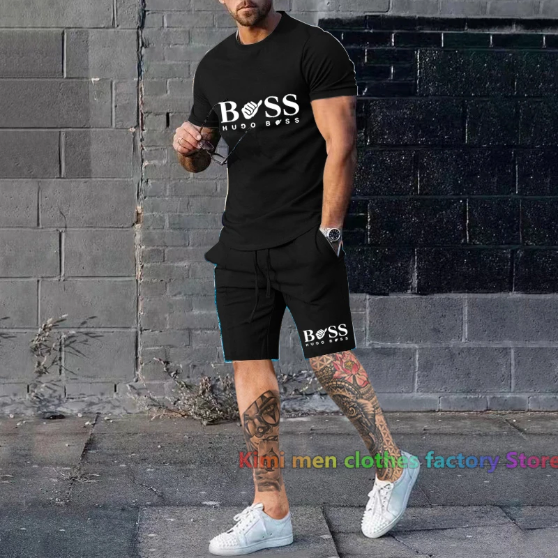 Brand printed men Short Outfits set Summer tshirt set Men Short Sleeve T-shirt Shorts Tracksuit Jogging suit Cotton 2 pieces set