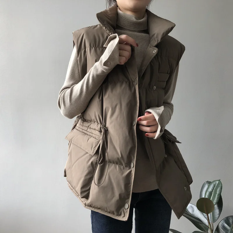 

Осенне-зимние женские куртки без рукавов 2023 корейская мода хлопковая подкладка пуховой жилет свободный теплый плотный жилет на пуговицах Q410