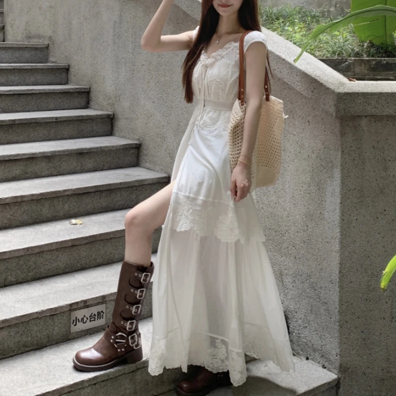 Летнее Длинное Платье с вышивкой и кружевом V-образным вырезом офисное женское