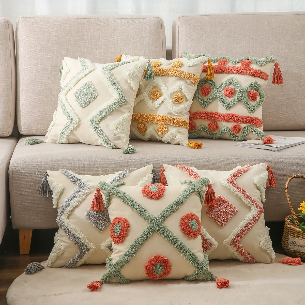 

Color Tufted Cushion Cover Geometric Rhombus Wave Big Tassel Pillowcase Hand-tufted and Crocheted Decorative Sofa Throw Pillows