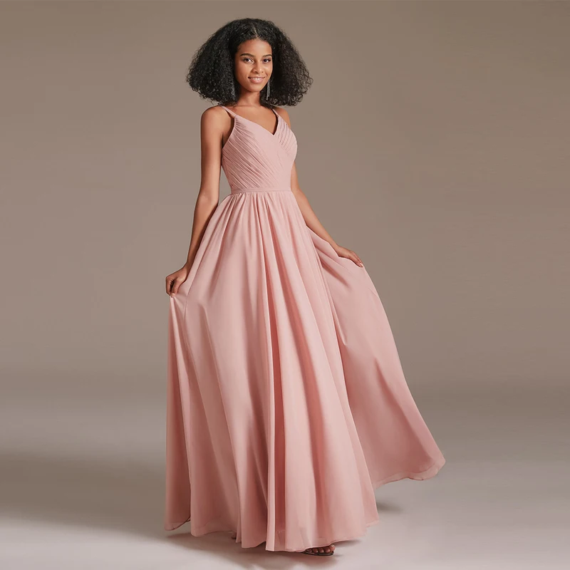 

Lover Kiss Nude Pink Bridesmaid Dresses For Women A-line V-neckline Pleated Chiffon Bridesmaid Gowns