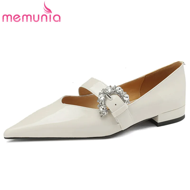 MEMUNIA 2023 New Rhinestone Shallow Patent Leather Shoes Slip On Square Low Heels Pumps Woman Sexy Ladies Dress Shoes