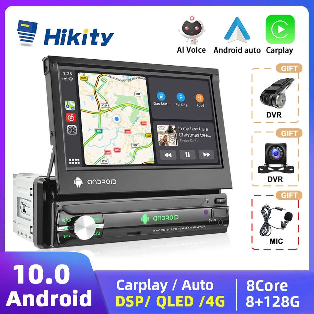 Hikity CarPlay 1 Din Android Car Radio Multimedia Player 7" Retractable Screen Universal Autoradio Stereo GPS Navigation