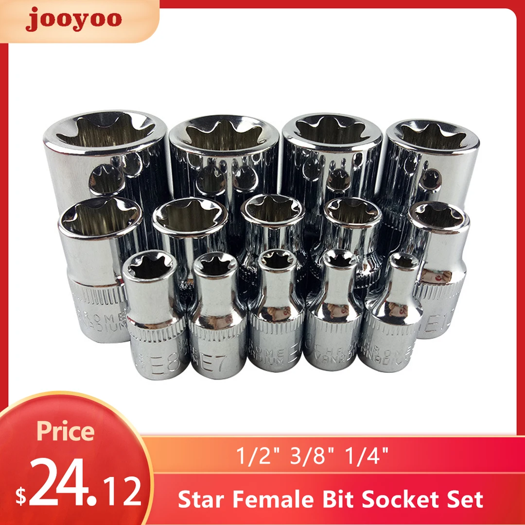 

Crv material 14pcs/set E Torx Star Female Bit Socket Set 1/2" 3/8" 1/4" Drive E4 - E24 repair tool hand tool set high quanlity