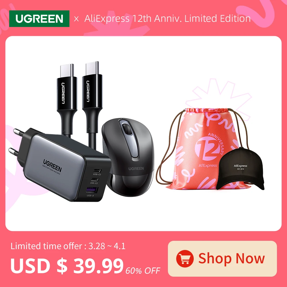 

UGREEN x AliExpress 12th Anniv. limited offer. Ergonomic Mouse &65W GaN Fast Charger & 100W PD Cable. 328 sale only