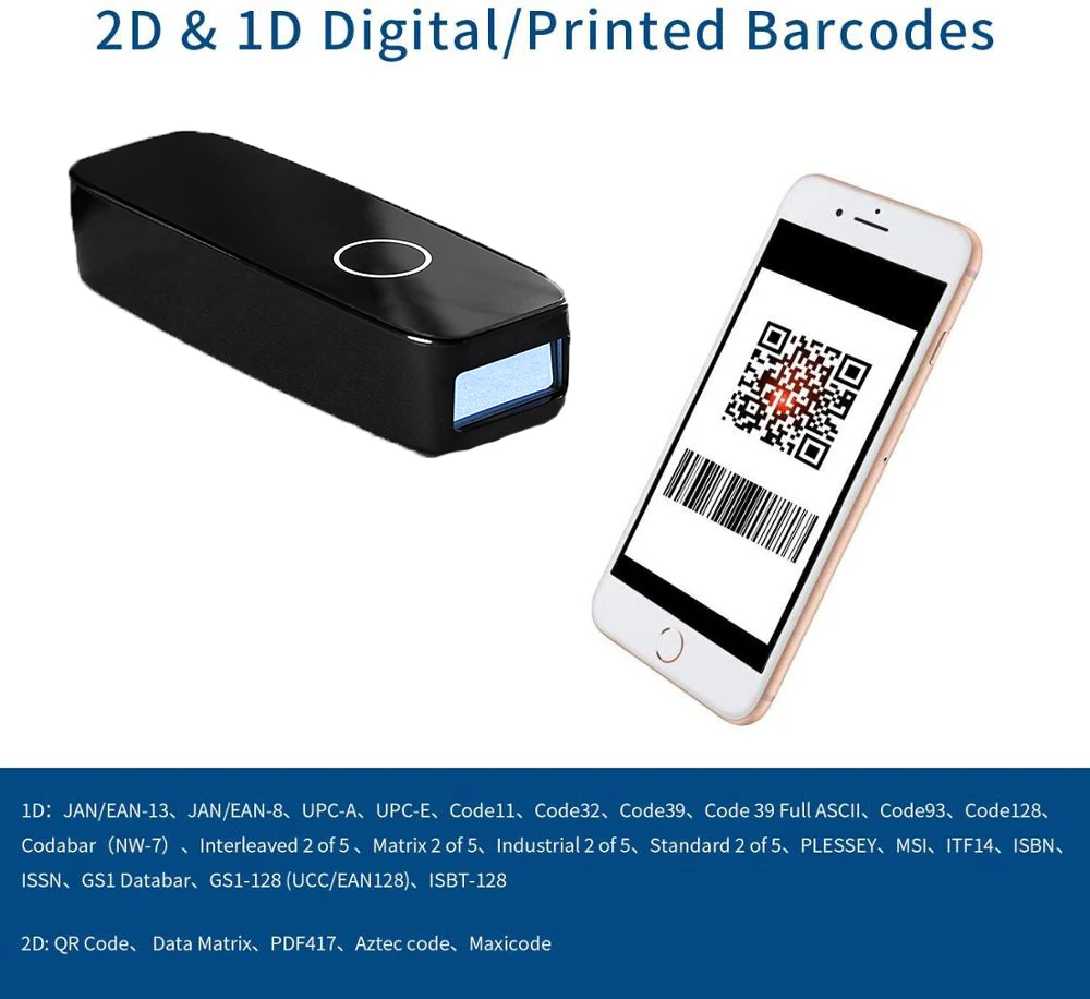 

Эффективный портативный мини-сканер штрих-кодов USB проводной/Bluetooth/2,4G беспроводной 1D 2D QR PDF417 штрих-кода для iPad iPhone Android планшета